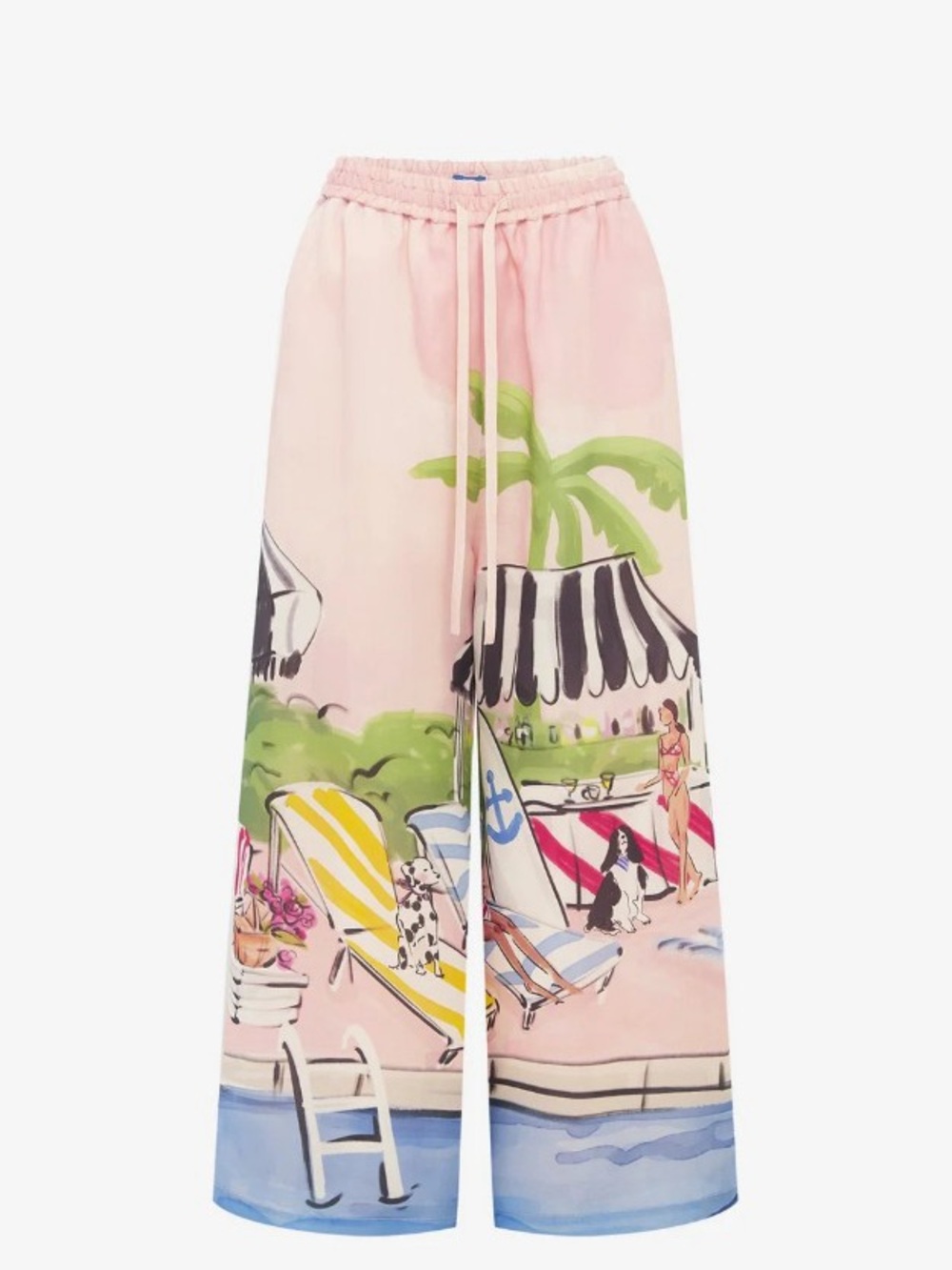 LEO LIN Jamie 100% Silk Pink Riviera Print Wide Leg Drawstring Pants AU8/US4